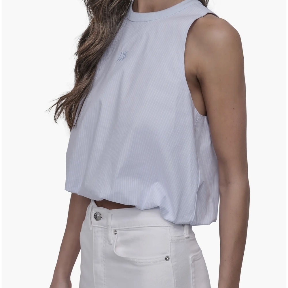 DKNY Jeans Poplin Sleeveless Top Blue Ribbed Crewneck Blouse Size L Tank